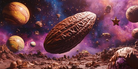 A surreal cosmic scene featuring a giant cocoa bean floating in space surrounded by chocolate planets, stars, and asteroids, blending the concepts of food and outer space