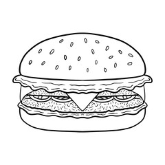 Black-and-white outline drawing of a classic burger, complete with a sesame seed bun, layered lettuce, a beef patty, and cheese. This line art ideal for coloring or graphic design projects.