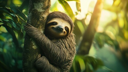 Fototapeta premium A sloth hugging a tree branch in green jungle background