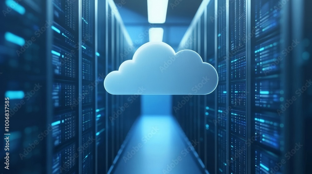 Poster a symbolic image of a cloud within a server room depicts modern cloud computing with sleek elements 