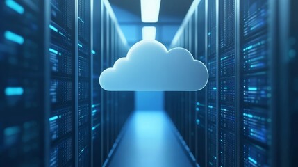 A symbolic image of a cloud within a server room depicts modern cloud computing with sleek elements of technology and innovation.
