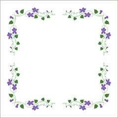 Elegant green vegetal ornamental frame with violet flowers, decorative border, corners for greeting cards, banners, business cards, invitations, menus. Isolated vector illustration.	
