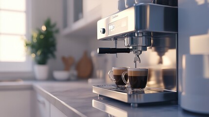 Coffee machine making coffee in the modern kitchen at home