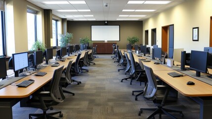 Professional office space with multiple tables and chairs arranged in distinct work areas, with a wide walkway separating the zones and leading to a projector screen.