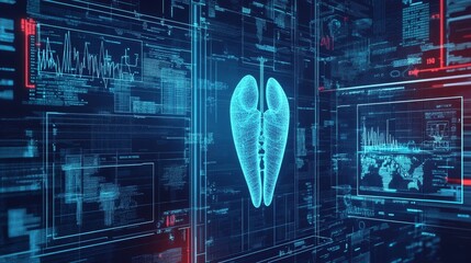 An advanced digital interface displaying anatomical lungs, set within a futuristic holographic environment of data and technology.