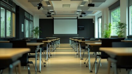 Professional office space with multiple tables and chairs arranged in distinct work areas, with a wide walkway separating the zones and leading to a projector screen.