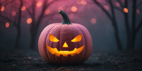 Obraz premium abstract eerie glowing pink lined up Halloween pumpkin on misty background, bokeh background