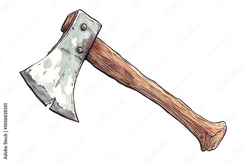 Wall mural axe with a wooden handle and a metallic blade, white isolated background.