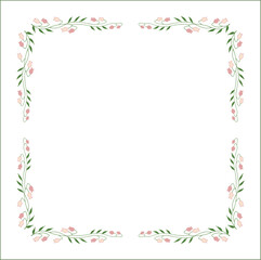 Green vegetal floral frame with leaves and pink bluebells, decorative corners for greeting cards, banners, business cards, invitations, menus. Isolated vector illustration.	
