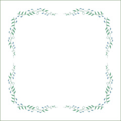 Green vegetal floral frame with leaves and blue flowers, decorative corners for greeting cards, banners, business cards, invitations, menus. Isolated vector illustration.	
