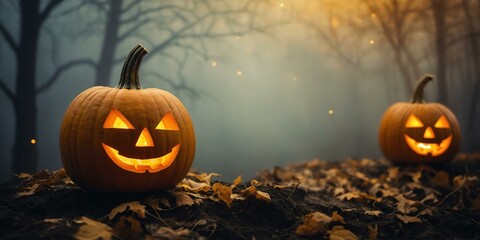 abstract eerie glowing gold lined up Halloween pumpkin on misty background, bokeh background