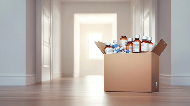 A cardboard box filled with medications and syringes sits on the floor of an empty room, illustrating home healthcare delivery services