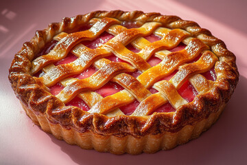 A pie with a lattice crust and golden brown edges, isolated on a pastel surface,