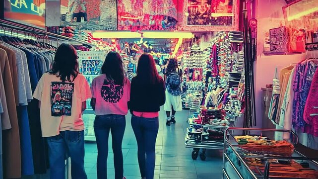 Teenagers Walking in Vintage 90s Neon Clothing Store
