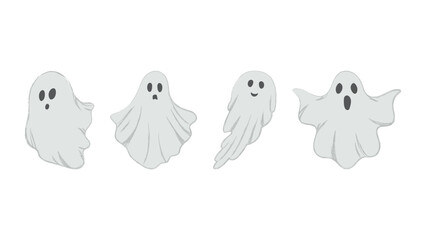 A set of ghosts with different expressions on their faces. A spooky ghost flies on Halloween. Sad and cheerful spirit. Flat vector illustration on white background