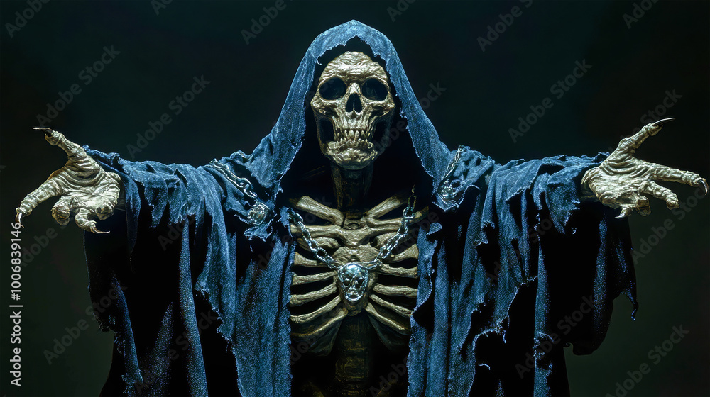 Wall mural a skeletal reaper in a black hood and blue cloak with outstretched arms, facing forward, against a d