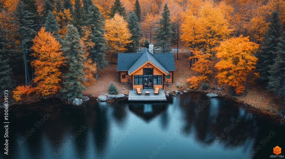 Poster a house with a porch and a dock sits on a lake surrounded by trees