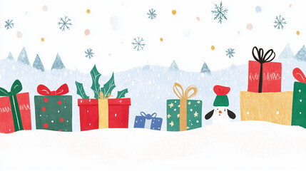 Festive Christmas Gifts Piled Up on a Snowy Background Creating a Joyful Holiday Atmosphere