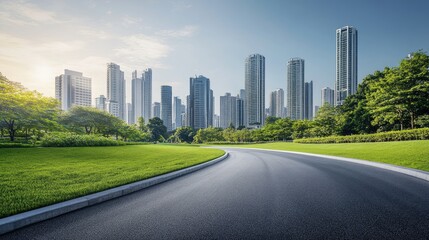 Skyscrapers rise above green lawns and a road, merging the urban and natural worlds in a modern cityscape.