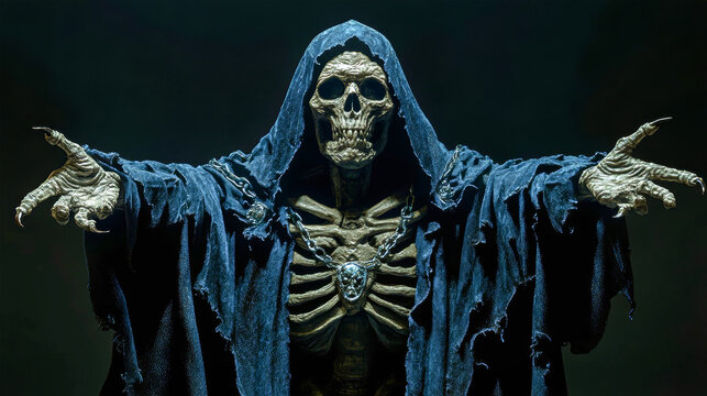 A skeletal reaper in a black hood and blue cloak with outstretched arms, facing forward, against a dark background, evoking a sense of fear and mystery