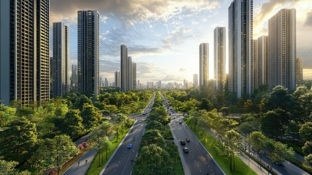 Skyscrapers rise high above a city park, with a road running parallel to the green space, a perfect blend of urban life and nature.