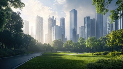 Obraz premium Skyscrapers rise high above a city park, with a road running parallel to the green space, a perfect blend of urban life and nature.