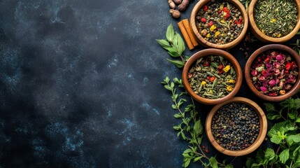 herbs spices and herbal medicine in round wooden bowl on dark background