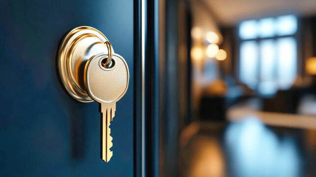 A golden key inserted in a door lock, showcasing a modern house's entrance with a blurred living room in the background for a cozy atmosphere - Powered by Adobe