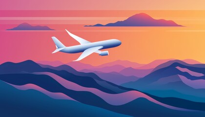 Naklejka premium A cartoon plane flying over the mountains, with simple clouds and a flat, colorful sky