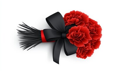 Red Carnation Bouquet with Black Bow: Elegant funeral sympathy floral arrangement.  A touching tribute.