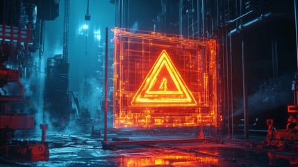 A glowing triangular warning sign is set in a futuristic industrial environment, with blue lighting and foggy ambiance.