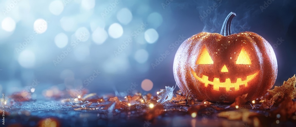 Wall mural  A jack-o-lantern perched atop a mound of pumpkins, surrounded by a heap of leaves