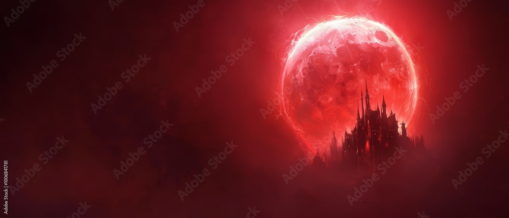 Poster  A castled image in the sky, clad in red and black, under a red moon backdrop