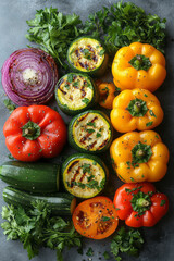 A selection of grilled vegetables, including bell peppers and zucchini, floating on a light pastel surface,