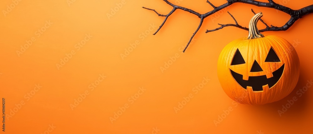 Canvas Prints  A pumpkin sporting a jack-o-lantern visage against an orange backdrop, adjacent to a tree branch