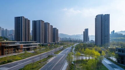 Tall modern buildings overlook a road and a green park, creating a contrast between nature and urban development.