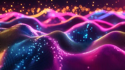 Futuristic dots background. Color music sound waves. Big data visualization. 3d rendering. 
