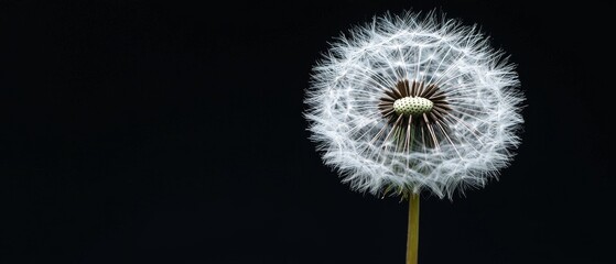 Close-up of a dandelion seed head ready to disperse its seeds against a dark background.