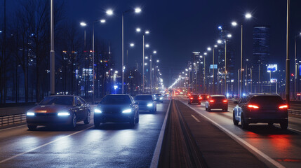 Fototapeta premium Modern city street at night featuring illuminated cars and futuristic LED lighting with a sleek and shiny ambiance