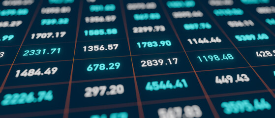 Fototapeta premium Business data in a spreadsheet. Financial figures, numbers in blue and white. Calculation, market research, financial report, analyzing. 3D illustration