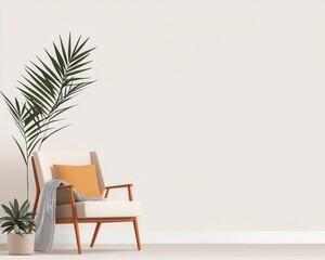 Fototapeta premium Relaxing nook in the office with a lounge chair, throw blanket, and potted plants, Office relaxation, modern cozy corner