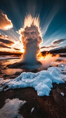 Erupting Geyser at Sunset in Vibrant Landscape