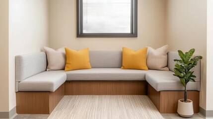 Cozy break area in the office with comfortable seating, throw blankets, and soft lighting, Office relaxation corner, casual and calming