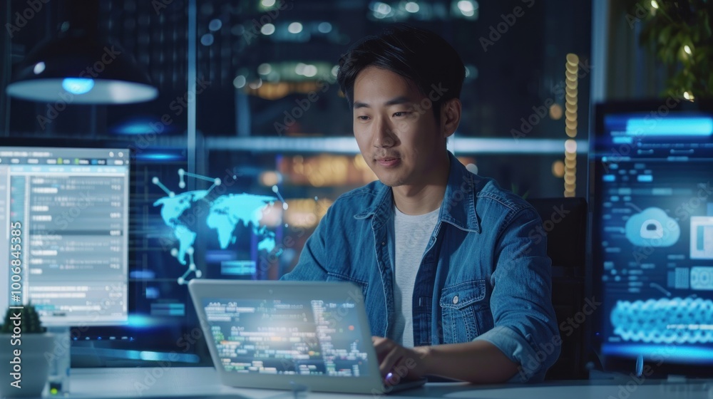 Wall mural smiling young asian it developer typing on a laptop, surrounded by coding program data on two screen