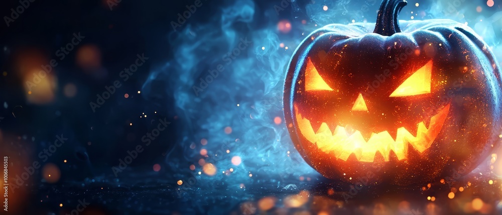 Canvas Prints  A glowing jack-o-lantern pumpkin with radiant eyes against a dark backdrop, illuminated by a halo of light