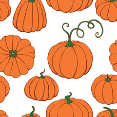 Vector seamless pattern with pumpkins in flat style. Halloween or thanksgiving color background and texture.
