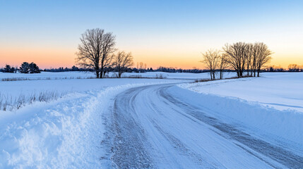 Fototapeta premium Serene Winter Landscape with a Snowy Pathway Leading to a Beautiful Sunrise