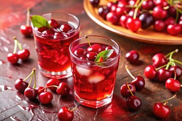 Refreshing cherry cocktails garnished with mint leaves.