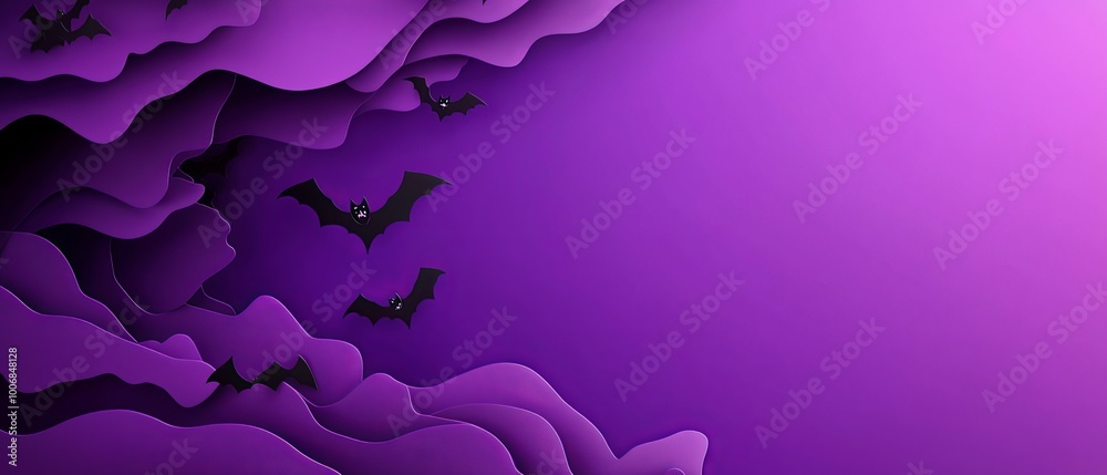 Sticker  A collection of bats in flight against a purple backdrop, featuring swirling curves and intricate patterns below