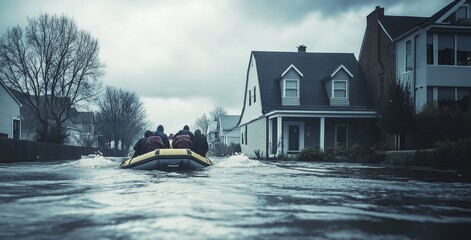 People being evacuated in boats from a heavily flooded suburban area, water filling the streets, houses partially submerged, cloudy weather, selective focus, copy space

